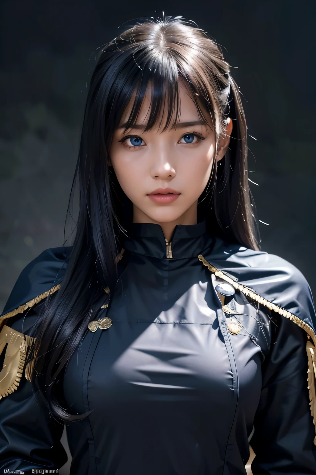 ８ｋ、High resolution、female warrior fashion、beautiful girl、black combat uniform、young、white skin,、narrow eyes,high nose,lighting that illuminates the face、clear image、intellectual beauty、skinny、no makeup、anxious look、lighting that illuminates the face,shining hair、single eyelid,blue eyes、stand in the wilderness、vivid pose