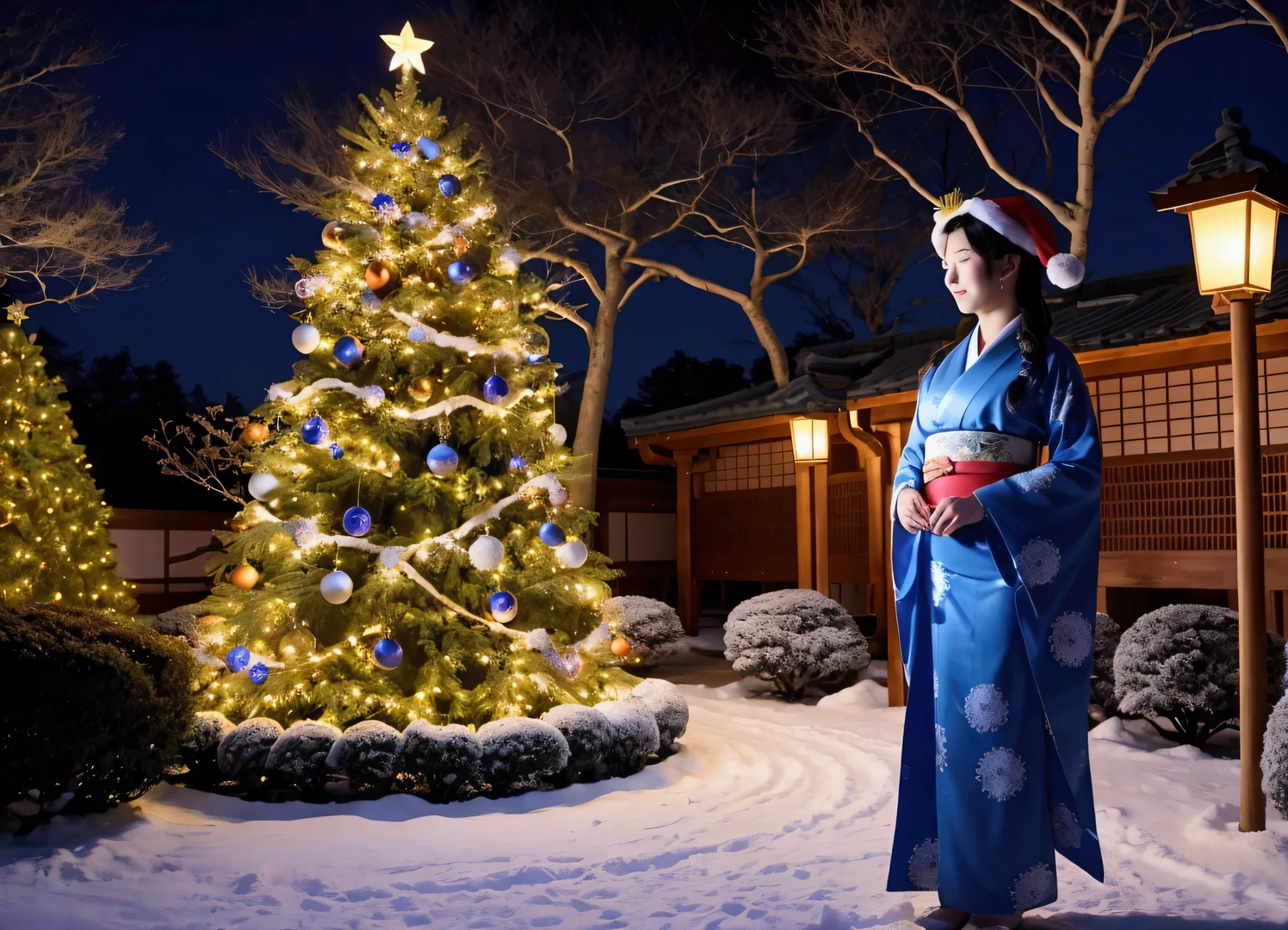 Night scene with a Christmas tree in a Japanese garden。Next to him is a young woman standing in a blue kimono with a Santa Claus hat on her head.。