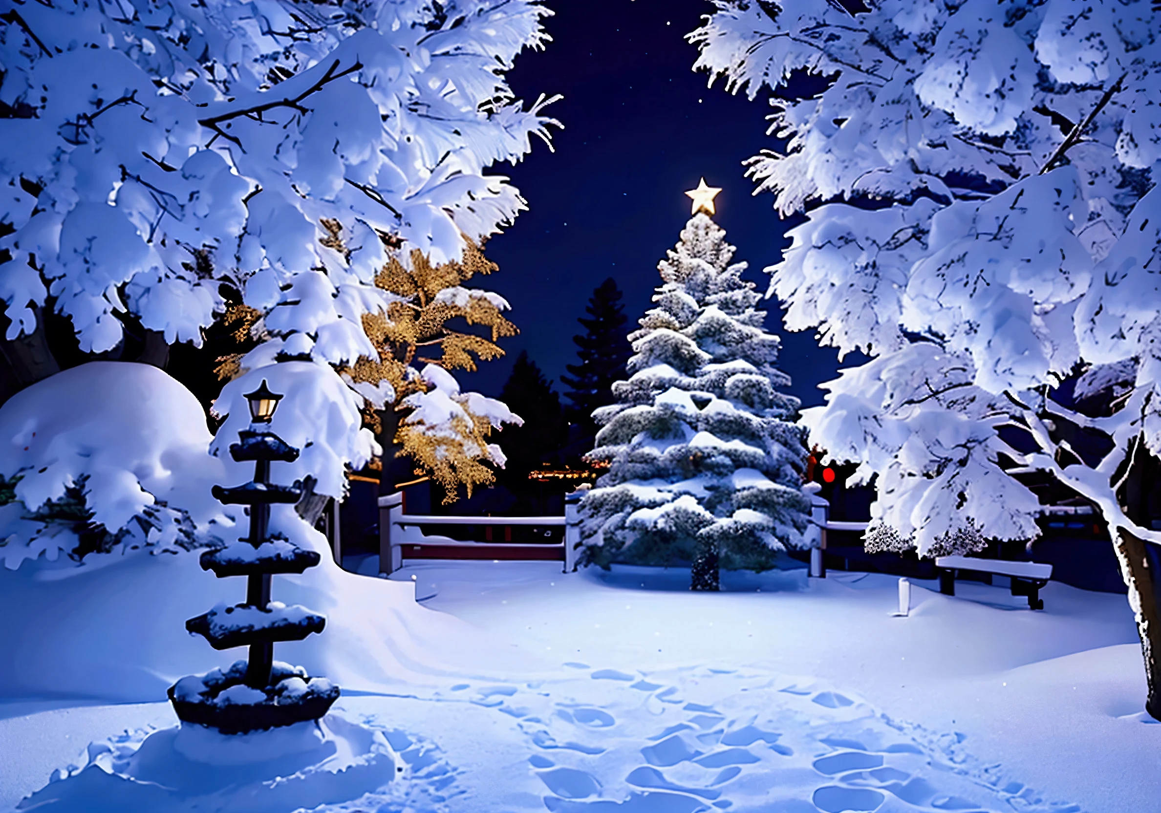 Night scene with a Christmas tree in a snowy Japanese garden。Next to him is a young woman standing in a blue kimono with a Santa Claus hat on her head.。There is a snowman near the Christmas tree.。