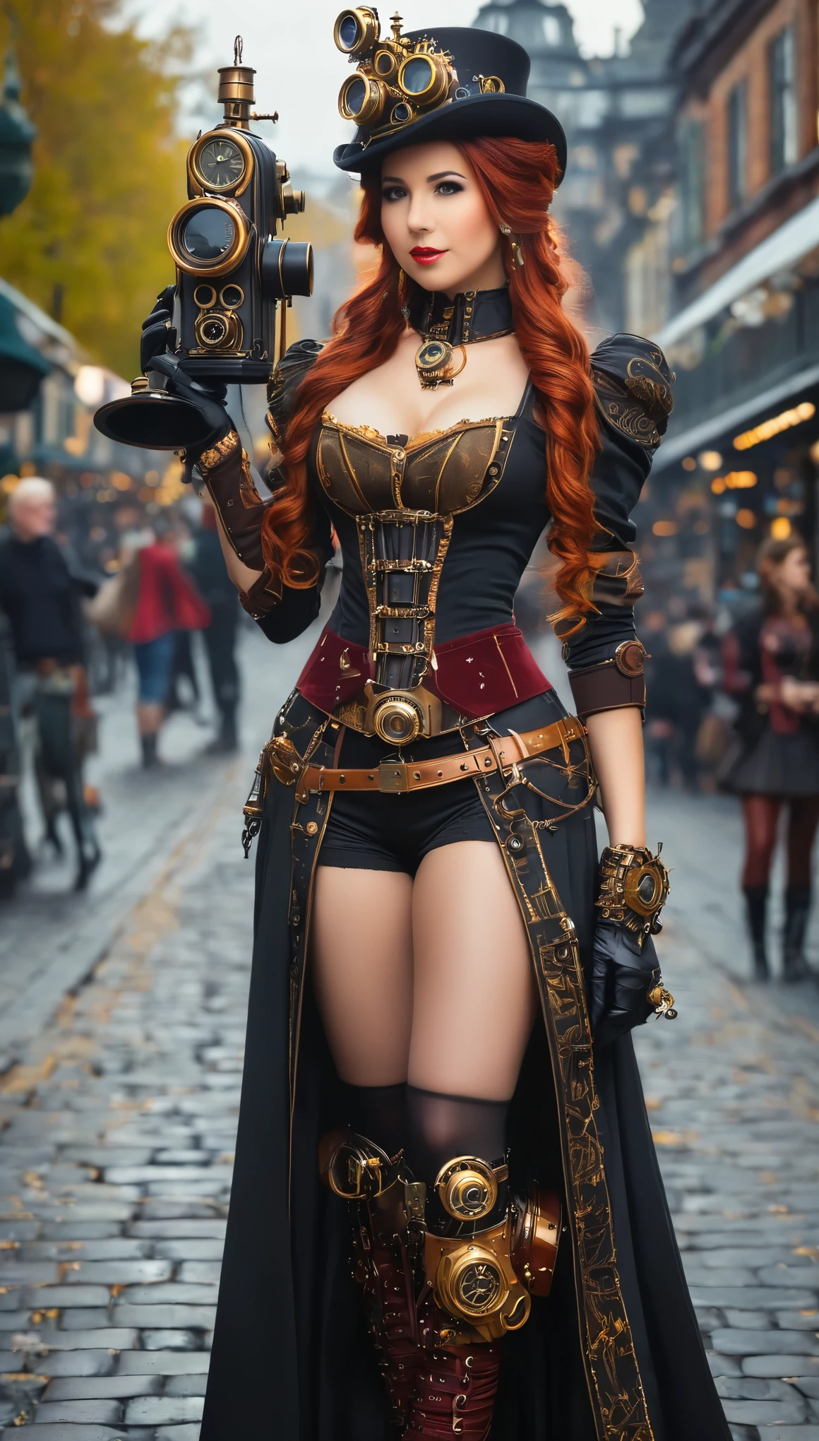 Woman in steampunk costume taking photo, wearing steampunk attire, small breast, see breast, full height, full body, steampunk fantasy style, (Steampunk), a steampunk beautiful goddess, steampunk beautiful woman, Steampunk Girl, Steampunk style, steampunk fantasy, Steampunk, steampunk inventor girl, golden steampunk, steampunc, steampunc, Set in a steampunk world, Vivid steampunk concept