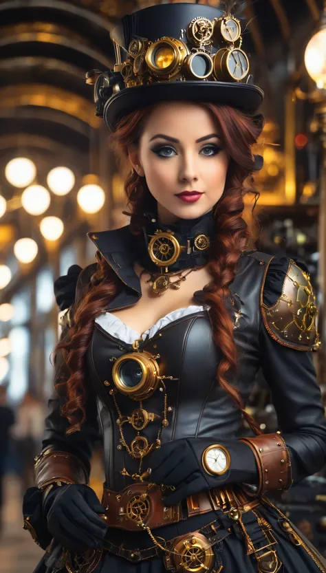 woman in steampunk costume taking photo, wearing steampunk attire, small breast, see breast, full height, full body, steampunk f...