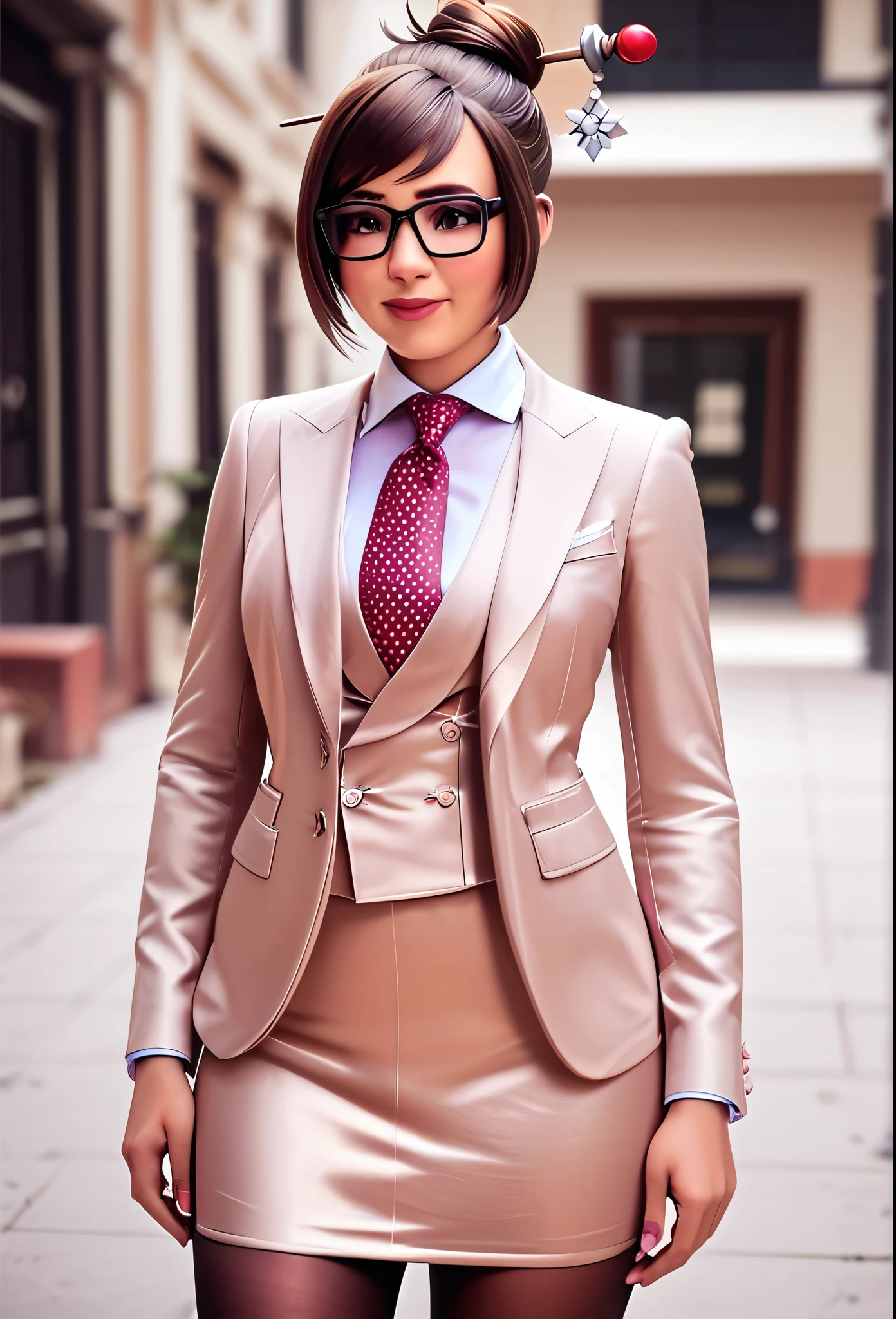 score_9, score_8_up, score_7_up, score_6_up, score_5_up, score_4_up, 3d, owmei, black-framed eyewear, hair bun, smile, shy, hair stick, blush, sheepish, 
three-piece suit, ((waistcoat)), tan skirt suit, dress shirt, metallic maroon polka dot necktie, blazer, tan suit jacket, bodycon pencil skirt, (light pink shirt with white collar), white shirt collar, contrast collar, suit trim, makeup, lipstick, black pantyhose, standing, looking away, avoiding eye contact, hands held together, 