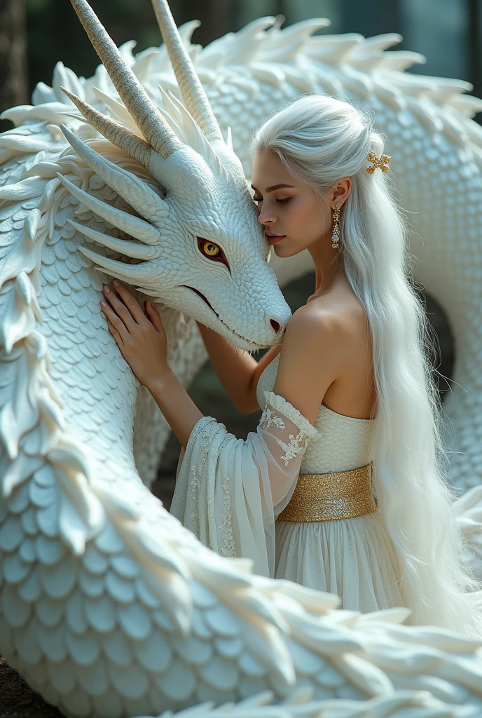 cinematic photo . A beautiful queen with long, flowing white hair, dressed in a regal white and gold gown, lovingly stroking the head of a giant majestic white dragon adorned with shimmering, iridescent scales, the two gently nuzzling and pressing against each other, the dragon curled protectively around her, his massive body and wings shielding her, a deep bond of trust and love evident between them, the dragon humbly receiving her tender gesture, creating a magical and intimate moment. 