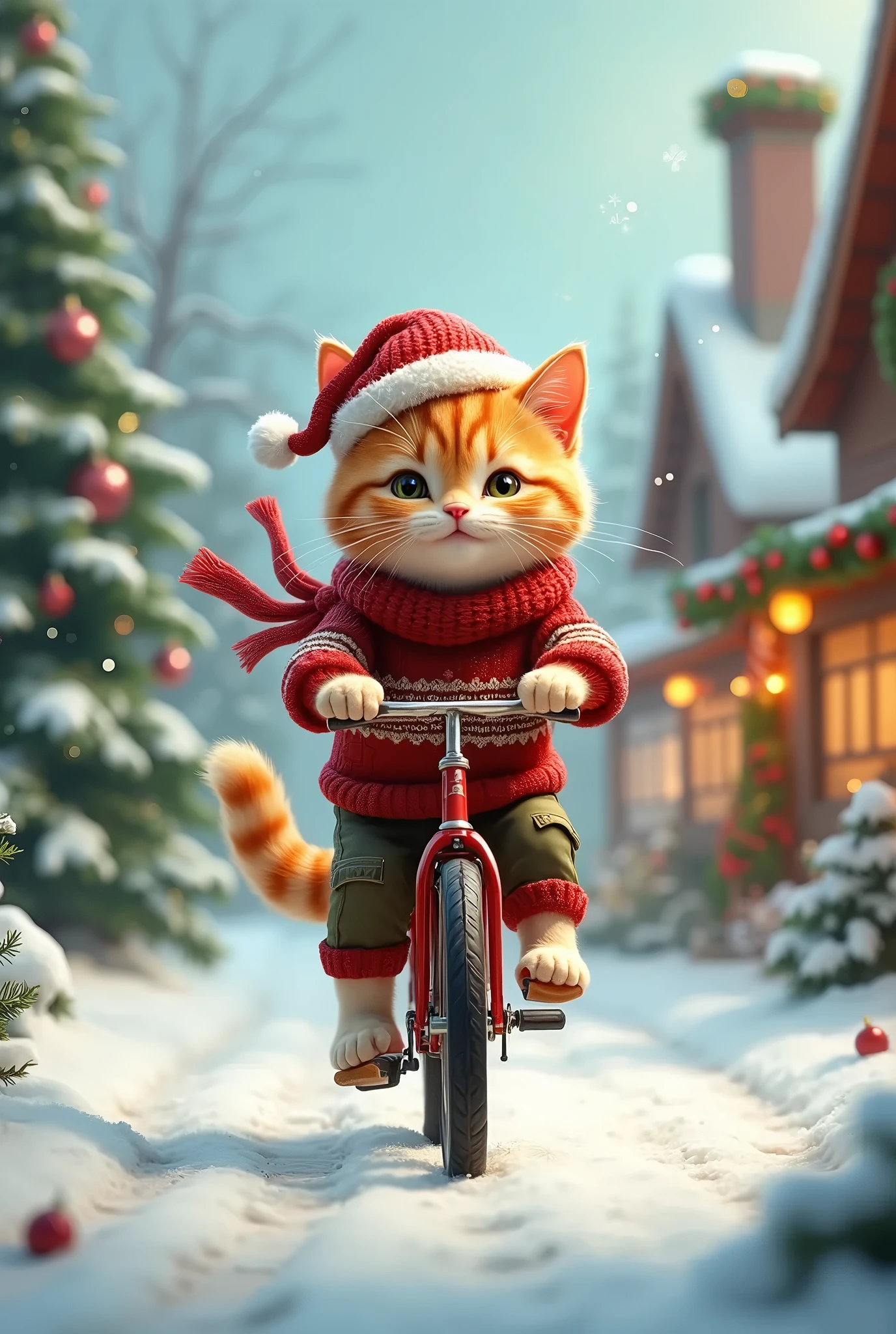 Beautiful image of Christmas cat riding his bike