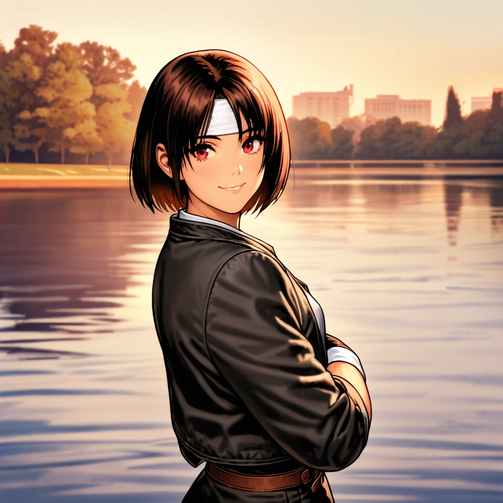 Beautiful 1 girl, alone, flat chest with kind smile on her face, short hair, dark hair, beautiful red eyes, ((masterpiece)), (((top quality))), (((very detailed))), 1 girl, beautiful, dark hair, happy, blushing kind smile, alone, empty morning, looking at viewer, soft green , city, lake, boat, resting with a cup of coffee, ((black jacket with rolled up sleeves)), fingerless gloves, white T-shirt, ((white headband)), black pants, white shoes, brown belt