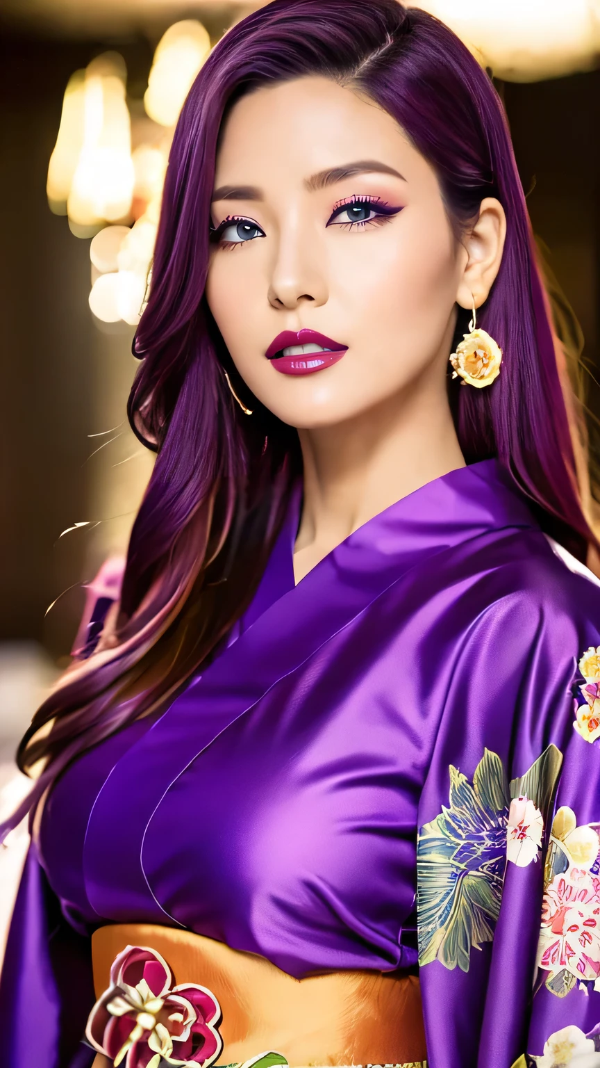 Realistic, Highest quality, 8k, woman, 20-year-old, Sakura pattern kimono, Large Bust, Long Hair, Ultra-detailed skin textures, Soft Lighting, Fairy, Bokeh, Soft purple Lipstick, Sensual Lipstick, Sensational Make up 