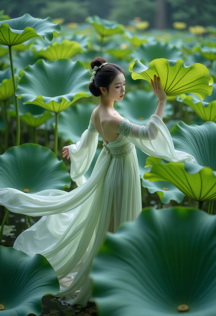 ((Best quality)), ((masterpiece)), ((Practical)), 1 Girl, Solitary:2,lotus_leaf_Fairy,close up，Beautiful，Dynamic Movement, Anatomically correct, Traditional Chinese Clothing, Extreme details,Full body shot