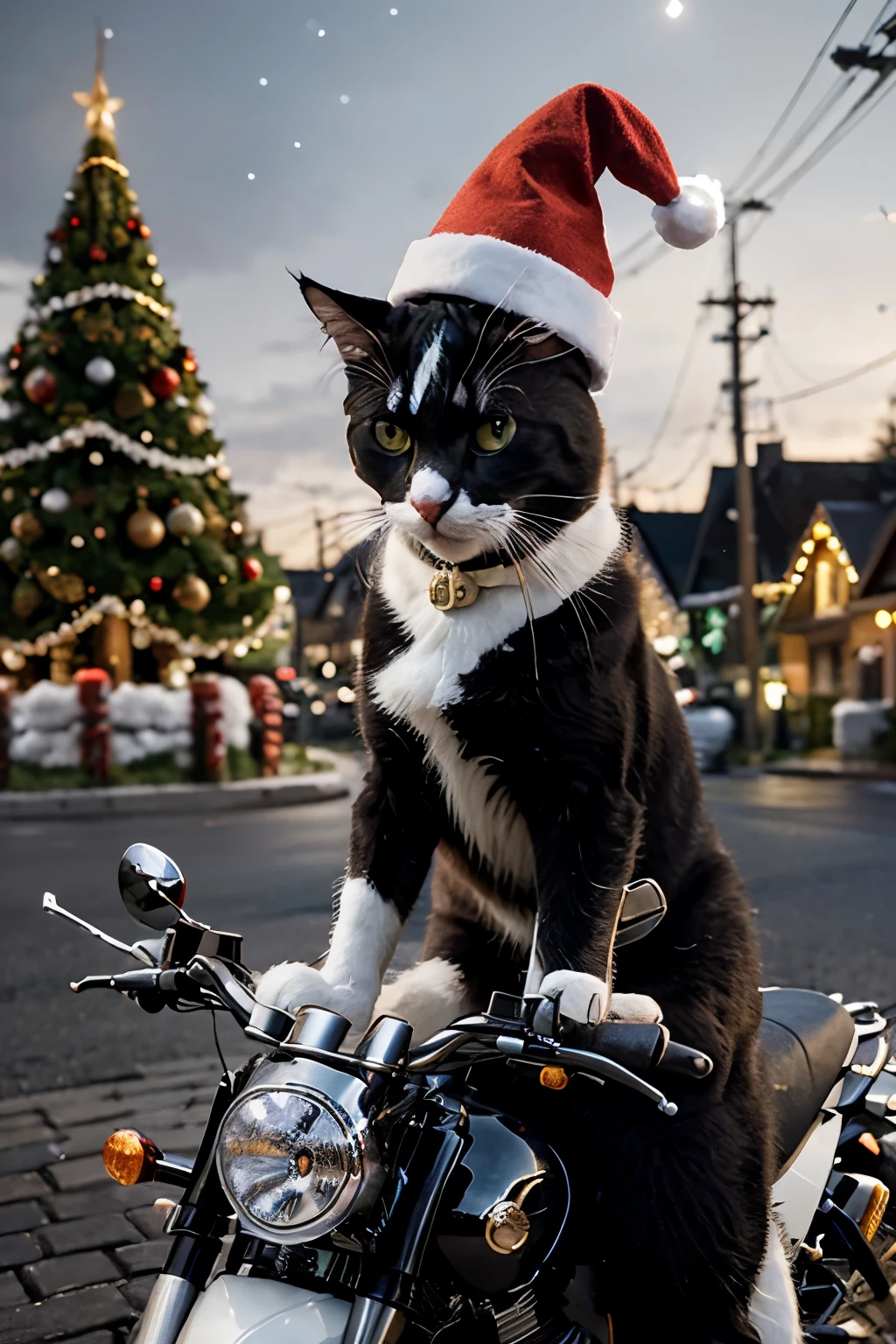 A Pixar-style 3D render of a medium shot of a cute black and white cat riding a motorcycle, wearing a Christmas hat. The cat is sitting on a motorcycle and wearing a Christmas hat. The background is a city at Christmas time, with Christmas trees, lights, and buildings. The image is in 8k ultra high definition.