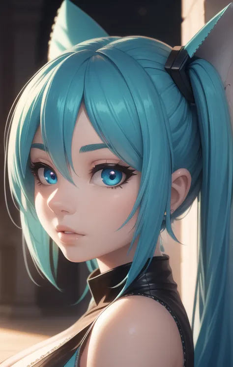 a beautiful detailed woman with giant breasts, hatsune miku, long blue hair, intricate hairstyle, piercing blue eyes, beautiful ...