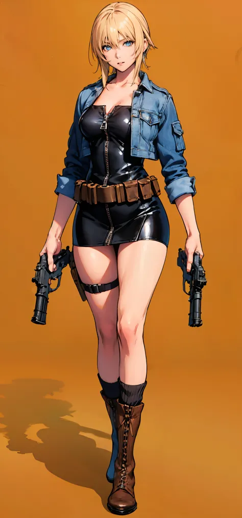 Official Art, (finely best quality illustration,uhd:1.2), kyoto animation, (realistic,attractive mature lady:1.3), 1girl, ayabrea, ash blond hair, Blue eyes, Upturned eyes, (cleavage,medium_breasts:0.8), (thick thighs:1.3), standing, holding handgun BREAK open_jacket, skin-tight black ((zipper)) (short dress) on over ((Blue)) [jean] Jacket, belt, (put boots on over (((socks)))), ((brown)) lace-up boots,(black) (socks:1.3), (((thigh holster))), (from front, full body),simple background