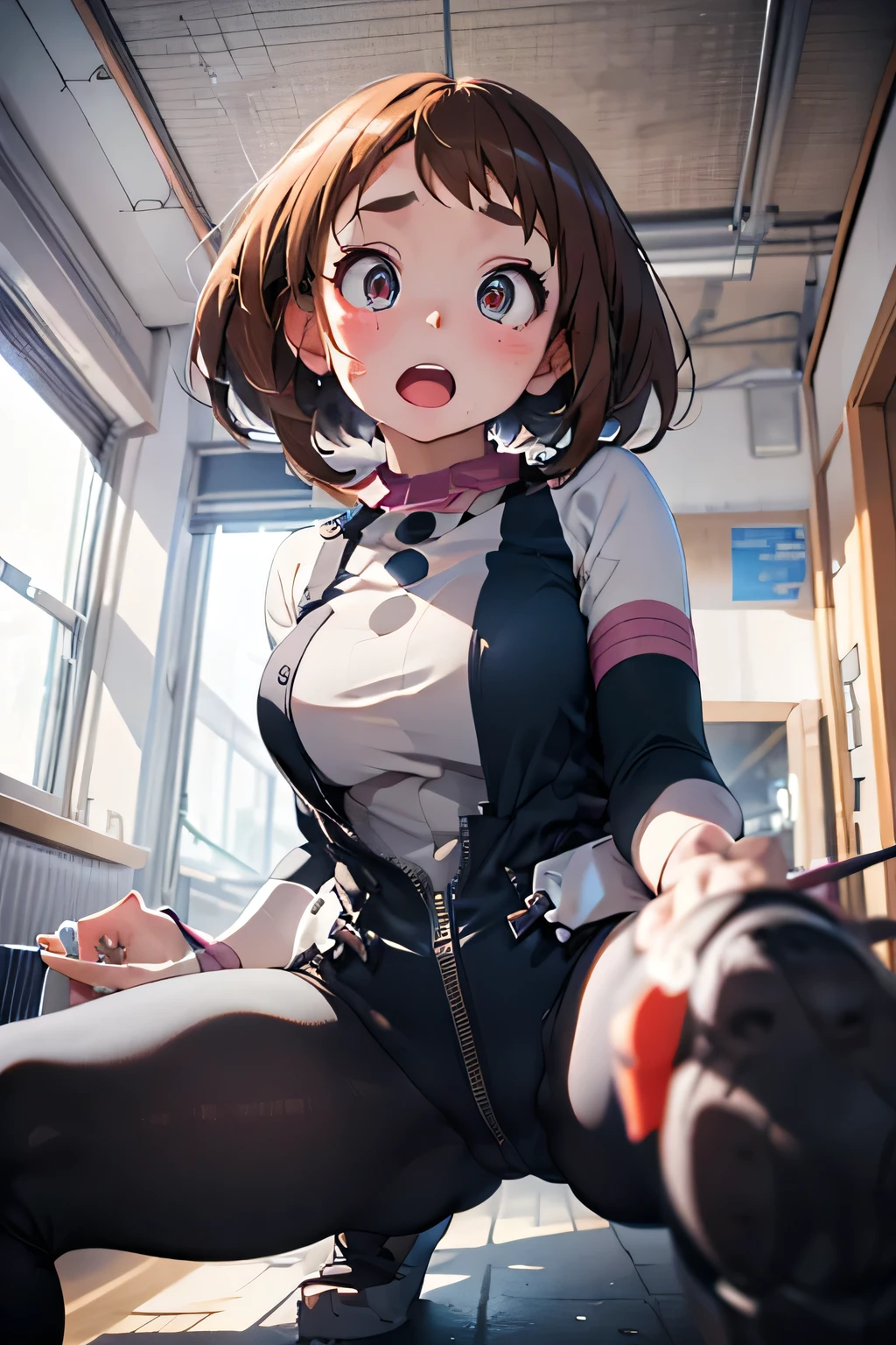 (Very detailed CG Unity 8K wallpaper),(masterpiece), (Best Quality), (Very detailed), (Best illustrations),(Best Shadow), ass focus、remote-vibrating、Shortcuts、Bodysuits、Ochaco Uraraka、spread legs, legs up, holding legs, knees on chest、The viewer looks up from below、She is looking down at the viewer(sweat, blush, narrow eyes, open mouth)、Perfect Fingers、Beautiful eyes、Big Breasts、Tight waist、Perfect Body、