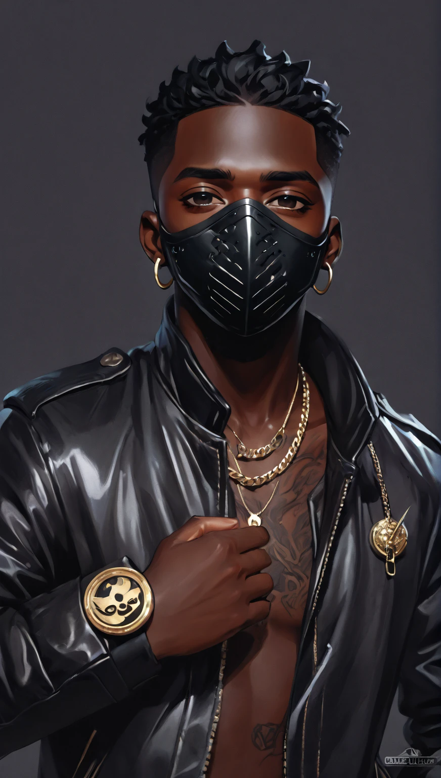 (masterpiece), (best quality), (Highres), Detailed, (Inricate Details 1.2), (Hyper Detailed 1.4), (Ornate Digital Art 1.2), an dark skin man wearing a facemask and a leather jacket, handsome hip hop young black man, in style of digital illustration, rap album cover, rap album cover art, hip hop aesthetic, clean artstyle, trigger anime artstyle, phone background, hip - hop album art cover, high quality fanart, epic portrait illustration, vector style, official artwork, official artwork, cartoon art style, high quality portrait, detailed anime character art, high quality anime artstyle, close up character, loish art style, loish |, character close up, closeup character portrait, character concept portrait of male, detailed character portrait, a character portrait, character portrait of me, character portrait closeup, loish and wlop, stylized portrait