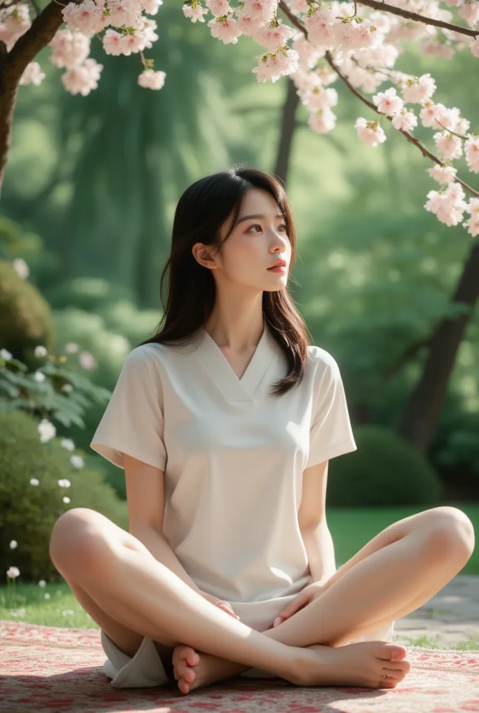 photorealistic, a serene asian woman sits cross-legged on a intricately patterned rug, surrounded by lush greenery and blooming ...