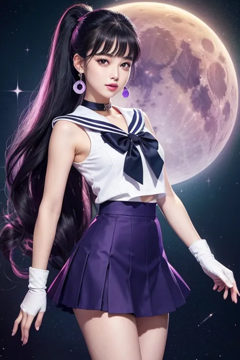 masterpiece, highest quality, (1 girl),  sailor guardian, night sky, white gloves, white and light purple sailorfuku clothes , b...