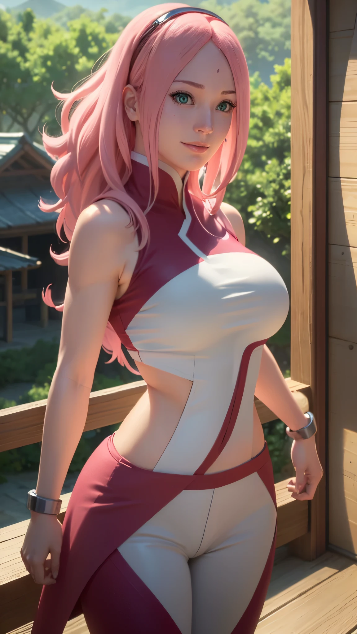 Sakura haruno da Naruto,(best qualityer,4K,8k,high resolution,work of art:1.2)(weather: cloudy), bamboo forest background, ninja village, wide hips, thick thighs, long curly hair, pink hair, sports bra, long sleeveless coat, white leggings, high heels, light makeup, red eyeshadow, fighting, ultra detailed, portrait,realistic,beautiful detailed green eyes, beautiful detailed lips,extremely detailed eye and face, detailed hands, long eyelashes,average, large breasts,flying hair,beaming smile, cute smile, powerful girl, bright coloured, dramatic lighting,