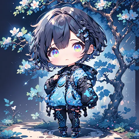 kawaii chibi character full body icon, poking something with a tree branch, glossy silky messy short hair, captivating eyes, amo...