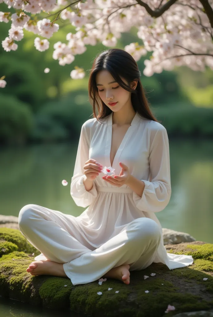 photorealistic, a serene asian woman with long black hair and gentle features sits cross-legged on a moss-covered stone in a tra...