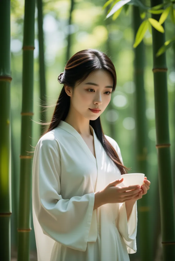 35mm, a serene asian woman standing in a lush bamboo forest, her dark hair softly blowing in the gentle breeze as she gazes down...