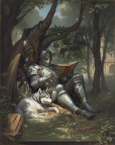 arafed cavaleiro sitting under a tree reading a book, painting of a cavaleiro, Arte de fantasia medieval, husky em armadura brilhante, medieval d&humor, por Donato Giancola, fantasy cavaleiro, renaissance painting of a cavaleiro, alta fantasia medieval, fantasia medieval, cavaleiro, fantasia medieval, Gerard Brom, Jon McNaughton, Medieval fantasy illustration