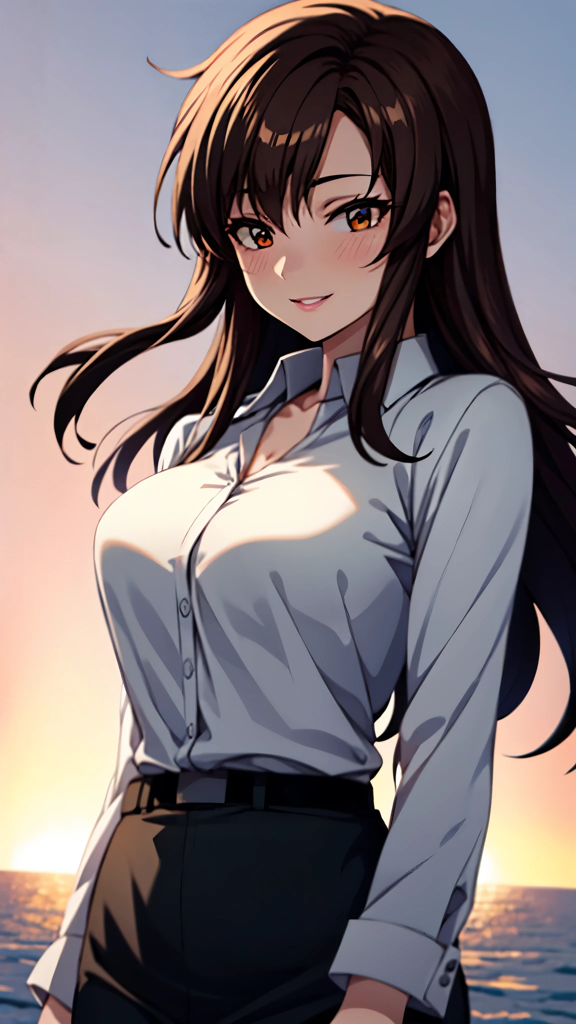 （（super high quality,Ultra-high resolution,16k,super masterpiece,Ultra HD ,Detailed shading,））Shooting from below,One sexy mature woman,（A light pink shirt with an open collar,Folded sleeves,Red pencil skirt,）Thick lips,Lewd smile,blush,Sunset background,The wind lifts my hair,Hold your head with one hand,