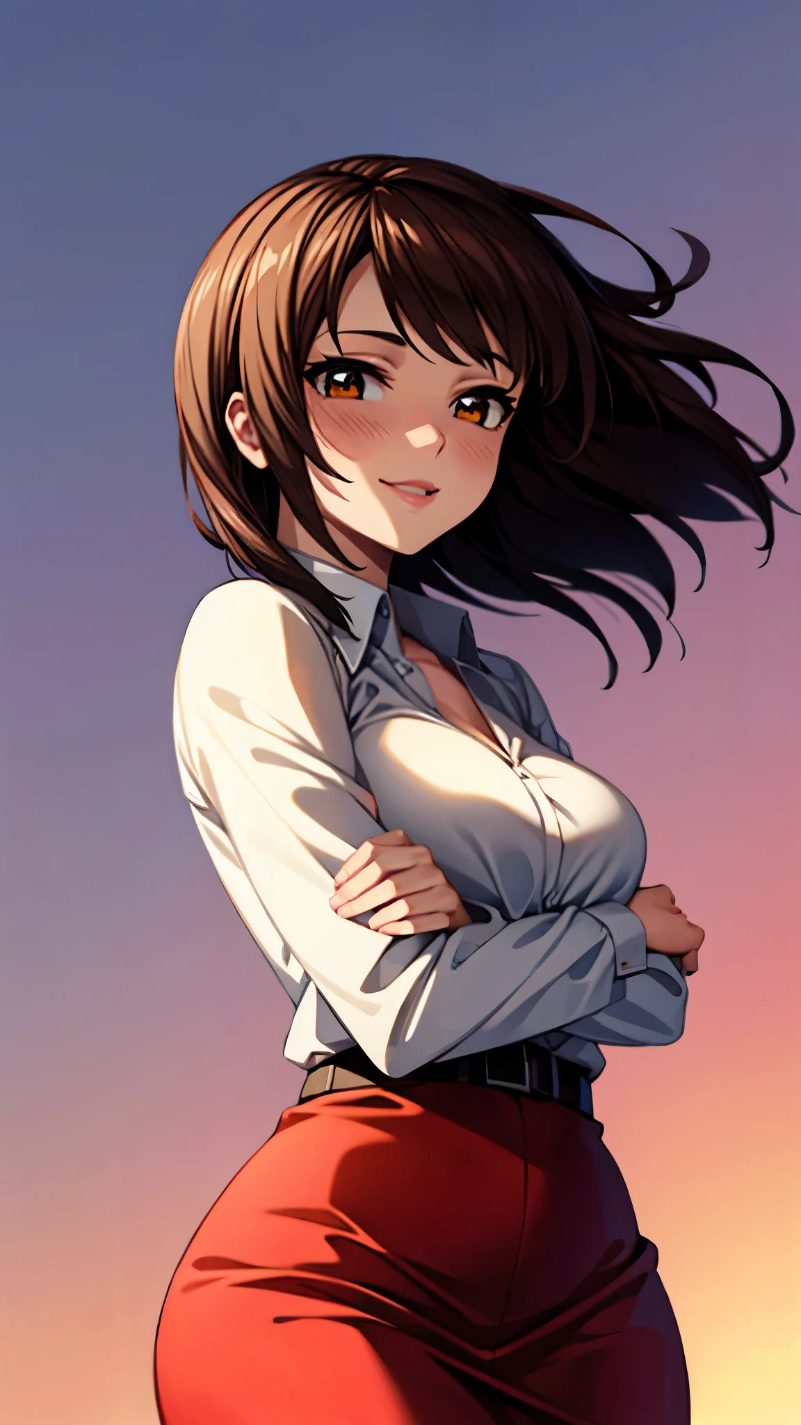 （（super high quality,Ultra-high resolution,16k,super masterpiece,Ultra HD ,Detailed shading,））Shooting from below,One sexy mature woman,（A light pink shirt with an open collar,Folded sleeves,Red pencil skirt,）Thick lips,Lewd smile,blush,Sunset background,The wind lifts my hair,Hold your head with one hand,