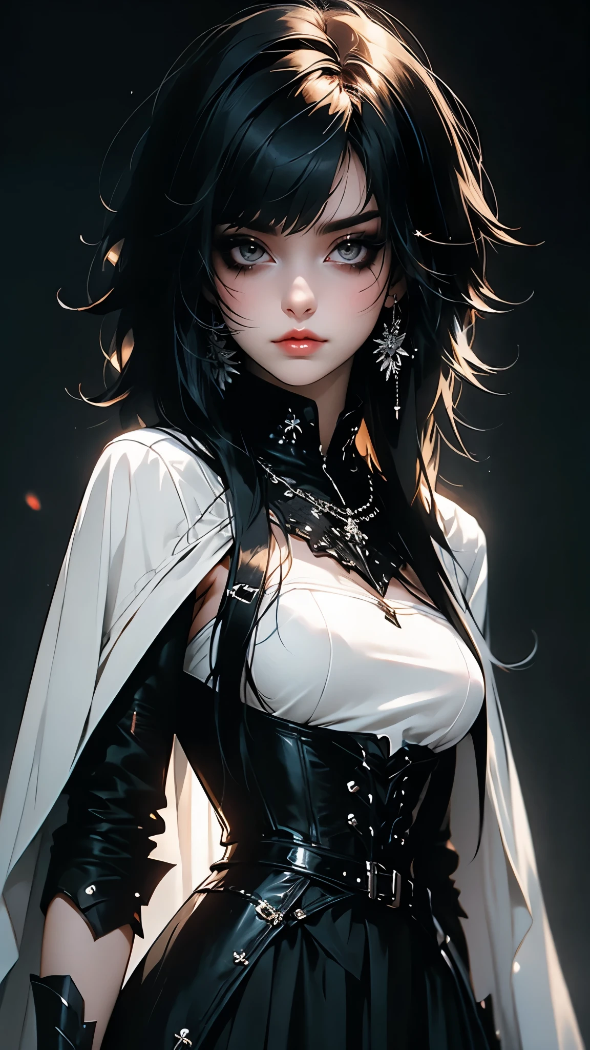 ((Masterpiece)), envision a 8k, highres, cinematic, extremely beautiful semi realistic portrait of a beautiful mature warrior woman with a mean face, slender (large breasts), soft face, ((long black hair)), side locks, long sweeping bangs, (black eyes), soft lips, lip gloss, thick eyebrows, (((ahoge))), Dress armor, maid knight armor, crusader, emo girl, corset, eyeliner, mascara, stickers, frowning, ((((1girl)))), in dark lighting, against a dark gray background