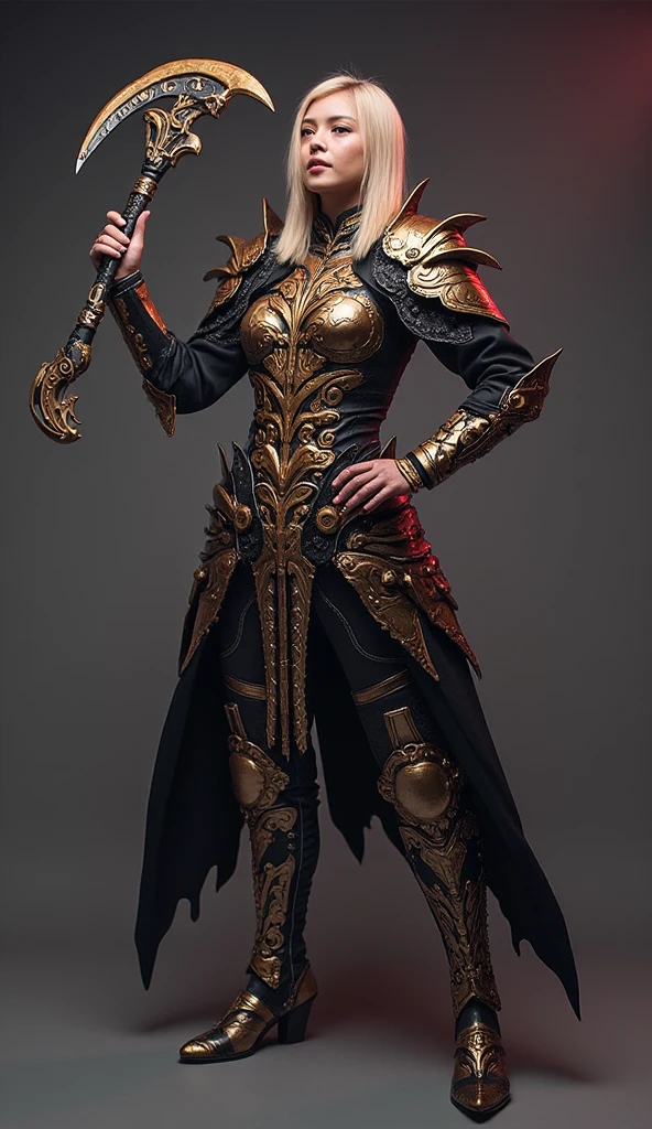 Full body image of a beautiful female warrior with large breasts. She wears armor with a visible chest and intricate details in demonic, biomechanical, cybernetic, and steampunk styles. She wields a large scythe that glows red. The symmetrical and realistic pattern looks like it was designed with intricate gold and iron. Model in virtual reality With high realism and micro-details rendered using Unreal Engine, images have a cinematic atmosphere. Emphasizing 64K clarity and high resolution, the body shape is elegant and powerful. fighting pose along with machine components that are perfectly compatible with the human body. LuxTechAl's sci-fi-toned cyberpunk style export.