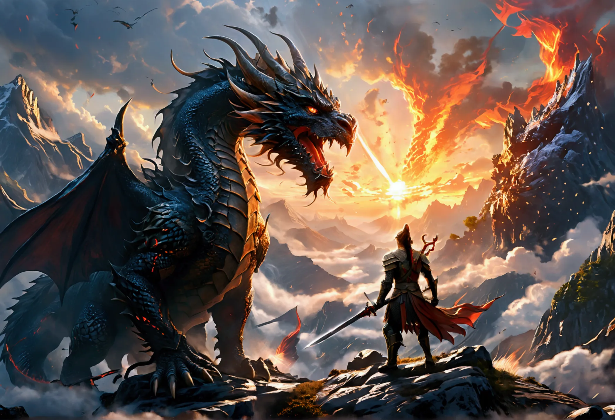 A mighty warrior stands tall in a misty mountainside dawn, sword aloft as he faces off against a snarling dragon. The sky is ablaze with fiery hues, casting a golden glow on the combatants. The warrior's armor glistens with dew, while the dragon's scales glimmer like black diamonds. The air is thick with tension as the two titans prepare to clash in an epic battle.
﻿
full body, Professional, perfect composition, ultra-detailed, intricate details