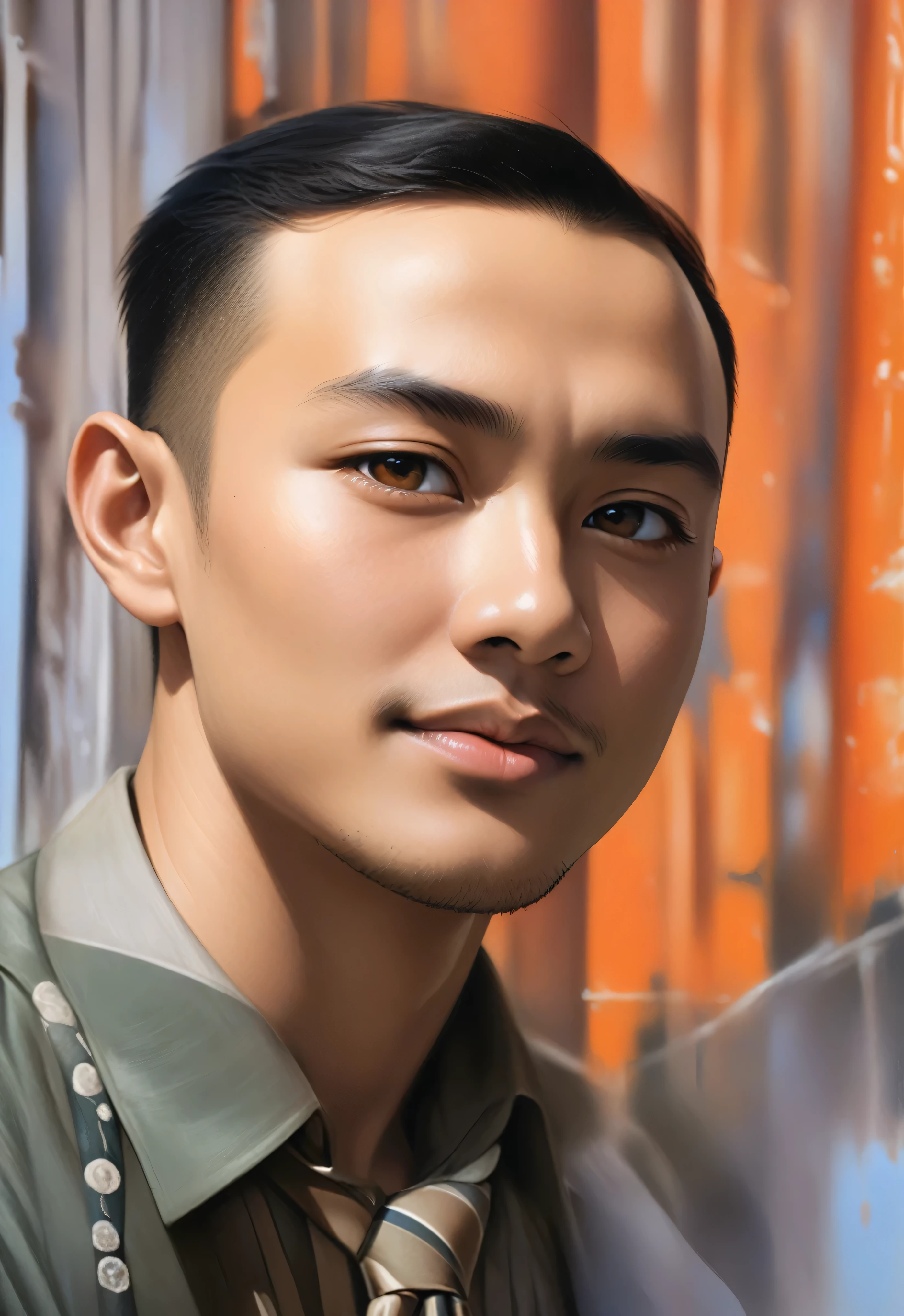 there is a man that is standing next to a man with a tie,, realism artstyle, airbrush digital oil painting, close up potrait, semi realistic, digitally painted, realistic person, photo-realistic face, digital airbrush painting, realistic portrait photo, detailed face of a asian boy, realistic