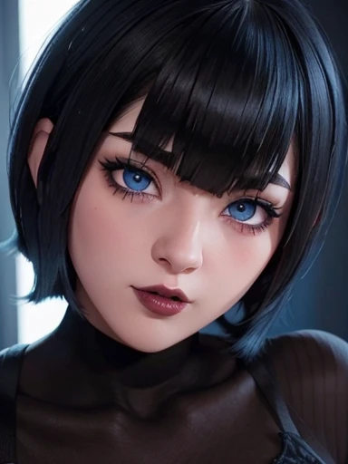 Close up of an emo girl, black hair bob cut with bangs, blue eyes, eyeliner and eyeshadow, perfect detailed face, rosy cheeks, full lips and, lipstick negro,  big tits and heavy, looking at the viewer in a flirtatious and seductive way 