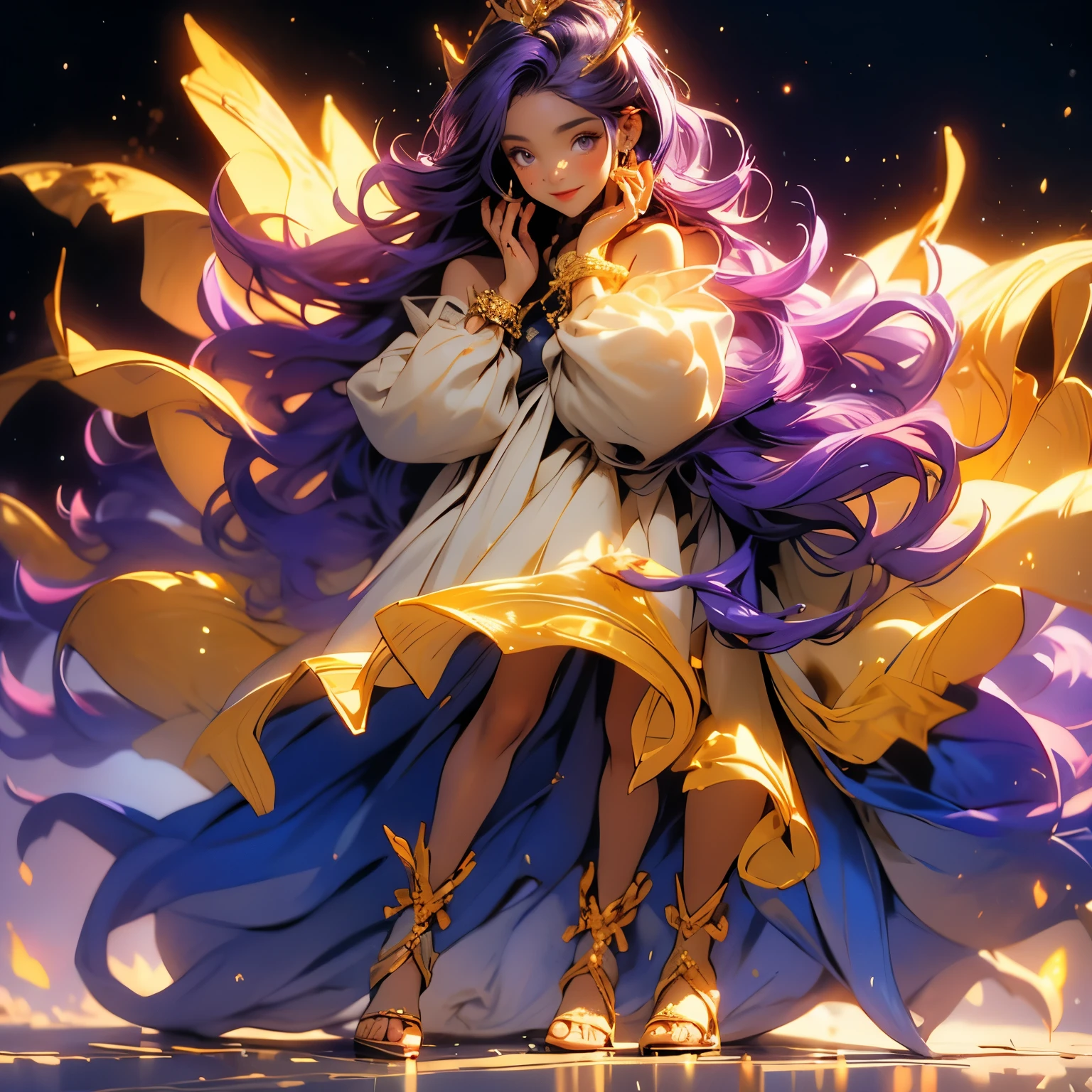 (masterpiece), best quality, 1girl, expressive eyes, perfect face, (purple hair), perfect anatomy, full body, 4k, HDR, full HD, solo, 
A girl wears a celestial goddess outfit, composed of a fluid and ethereal dress in white and gold tones. The light fabric falls in soft folds, giving the impression of being made of light. Her shoulders are adorned with fine golden ribbons, and a delicate tiara shines on her forehead. Around her, a soft golden aura surrounds her, giving her a divine appearance. Her long, loose hair floats lightly, and her golden sandals seem to glide effortlessly over the ground.