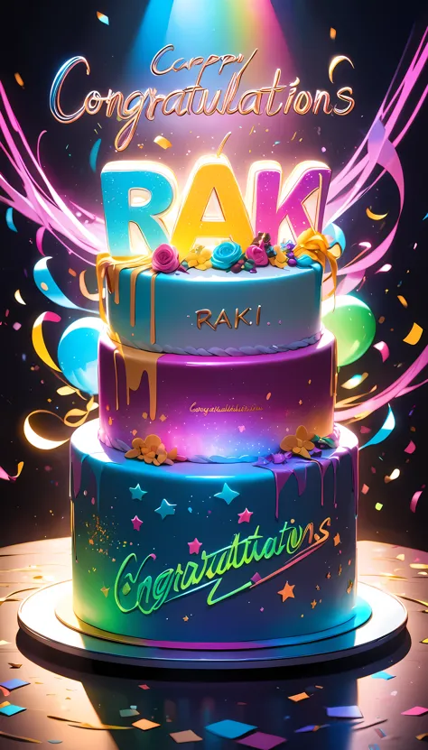 Inserting comments, character"congratulations Raki"write, Soft holographic glow, celebration cake, In the Dark, Vivid neon glow, In the dramatic spotlight, Wrapped in soft light...