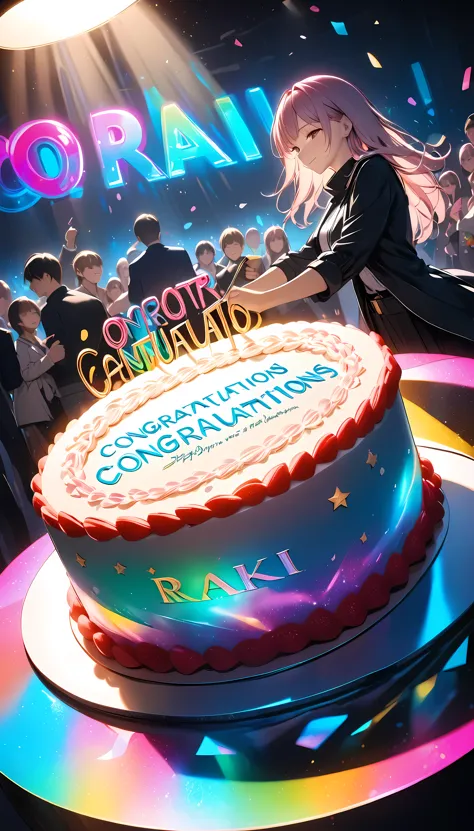 Inserting comments, character("congratulations Raki")write, Soft holographic glow, celebration cake, In the Dark, Vivid neon glow, In the dramatic spotlight, Wrapped in soft light...