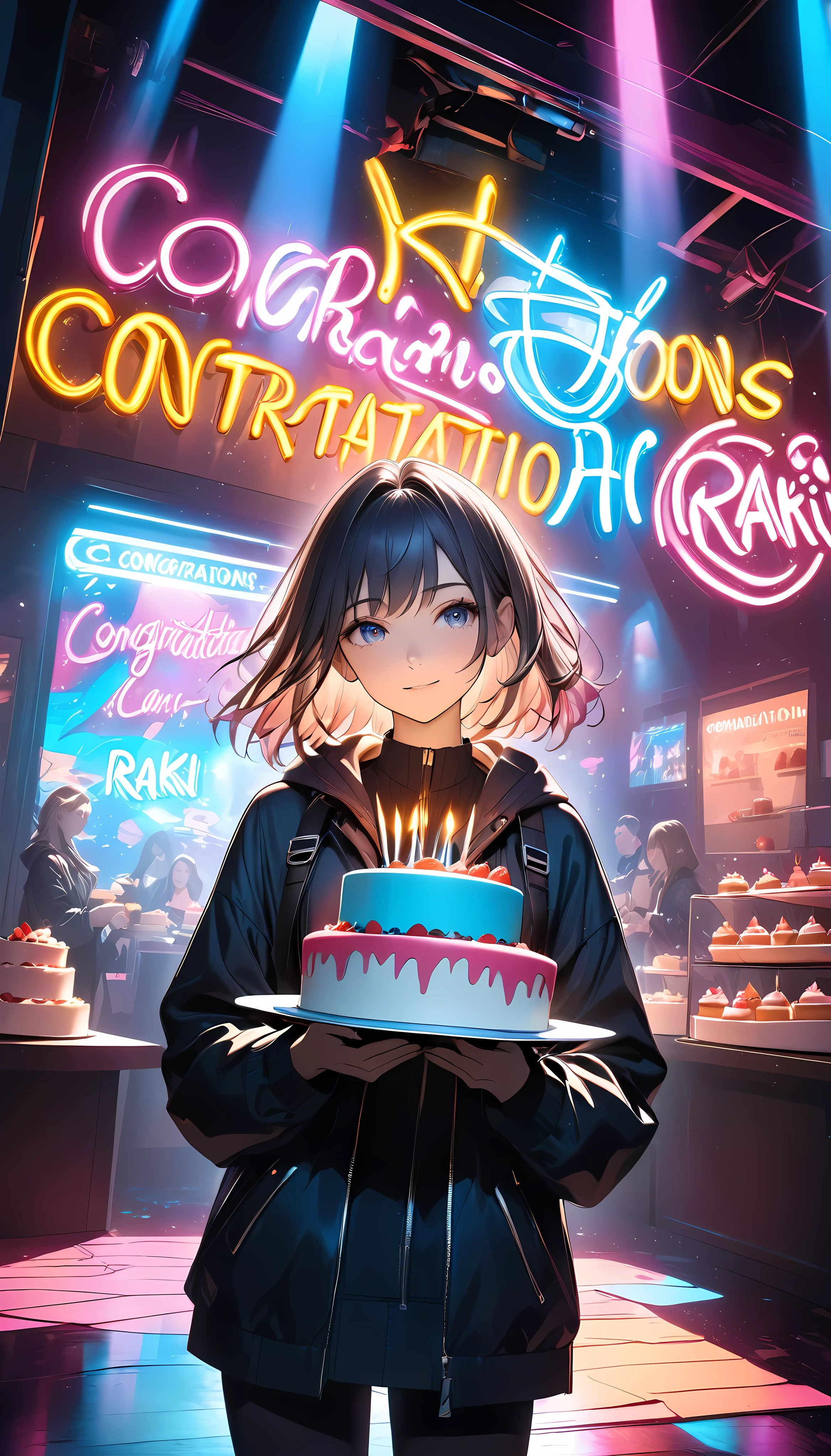 a young woman in a dark room, holding a cake with "congratulations Raki" written on it, surrounded by soft holographic glow, dramatic spotlights, and vibrant neon lights, bathed in a warm, soft lighting