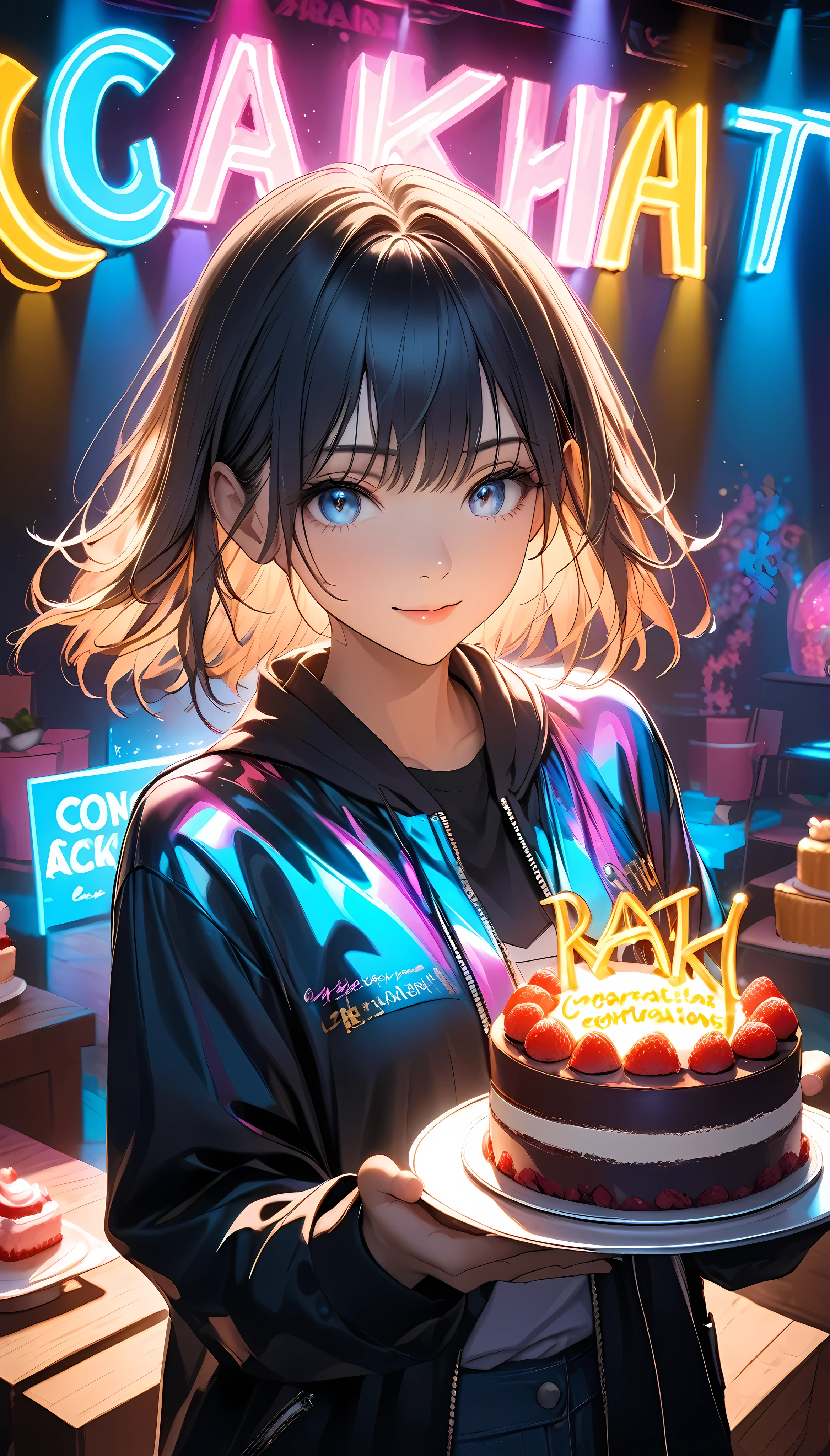 a young woman in a dark room, holding a cake with "congratulations Raki" written on it, surrounded by soft holographic glow, dramatic spotlights, and vibrant neon lights, bathed in a warm, soft lighting