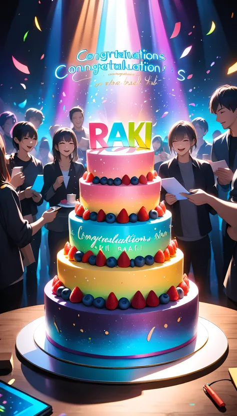 inserting comments, character("congratulations raki")write, soft holographic glow, celebration cake, in the dark, vivid neon glo...