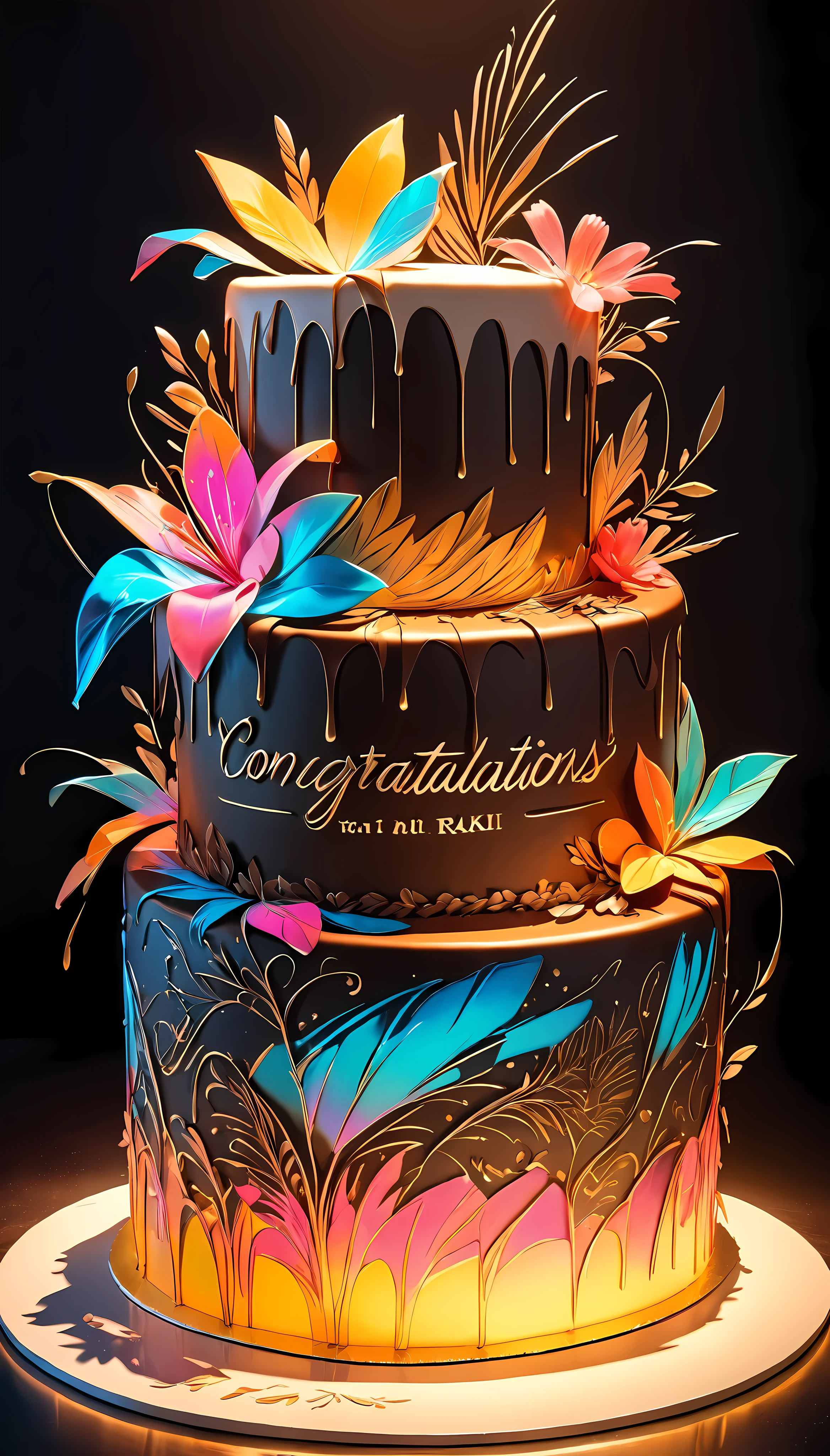 A detailed, elegant birthday cake in a dark setting, glowing with vivid neon lights and soft, warm lighting, the text "congratulations Raki" beautifully written on it, photorealistic, 8k, masterpiece, highly detailed, intricate patterns, glossy frosting, realistic lighting and shadows, warm color palette