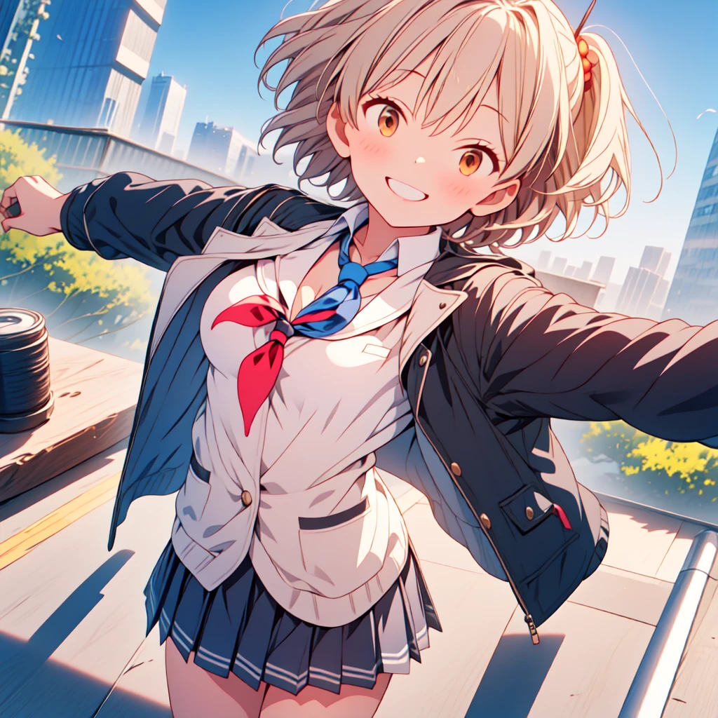 masterpiece, Best Quality, High resolution, Himza, short hair, Antenna Hair, Brown eyes, School uniform, Blue tie, Black jacket, open jacket, Long sleeve, Black Skirt, rooftop, Standing, smile, Outstretched arms, city, blue sky,Sailor collar jacket