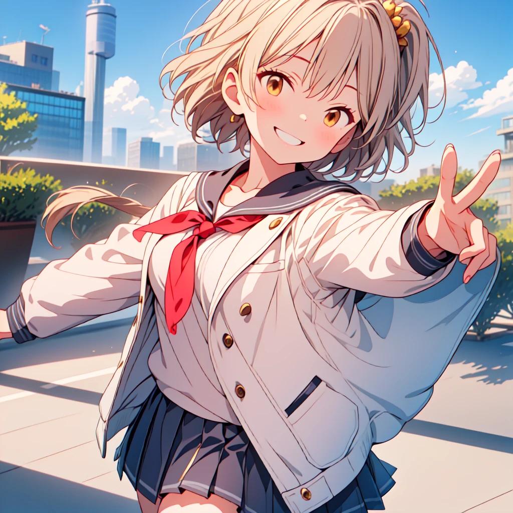 masterpiece, Best Quality, High resolution, Himza, short hair, Antenna Hair, Brown eyes, School uniform, Blue tie, Black jacket, open jacket, Long sleeve, Black Skirt, rooftop, Standing, smile, Outstretched arms, city, blue sky,Sailor collar jacket,White jacket,Gold piping,Left hand is peace sign