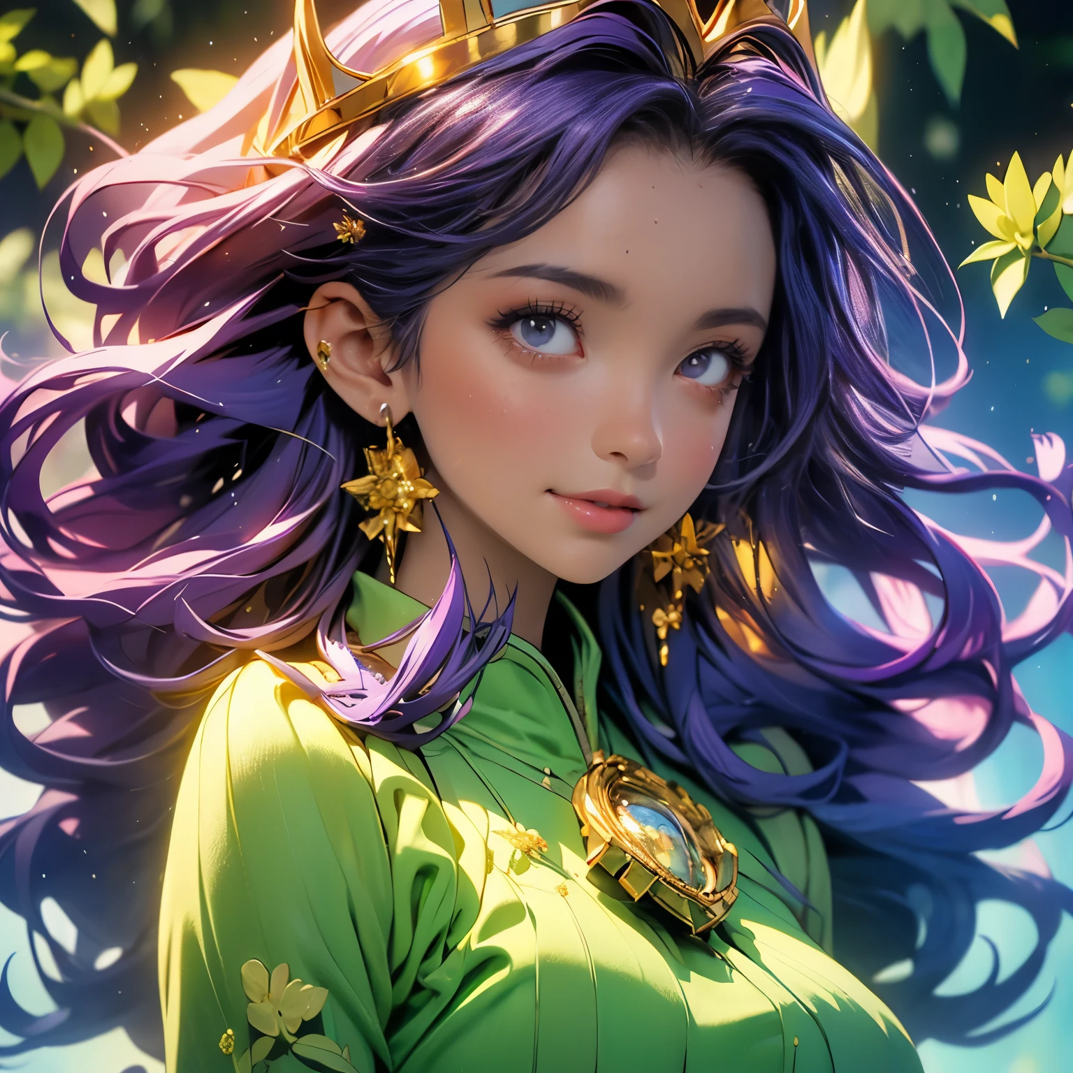 (masterpiece), best quality, 1girl, expressive eyes, perfect face, (purple hair), perfect anatomy, full body, 4k, HDR, full HD, solo, A girl wears a heavenly nature goddess outfit, composed of an emerald green and gold dress, with light fabrics that look like leaves moving gently. Her dress is adorned with details of golden vines and flowers that magically bloom around her. She wears a crown of branches and flowers in her loose, wavy hair. Their sandals seem to be made of roots that connect with the earth, and their presence radiates the purity and serenity of forests and nature.