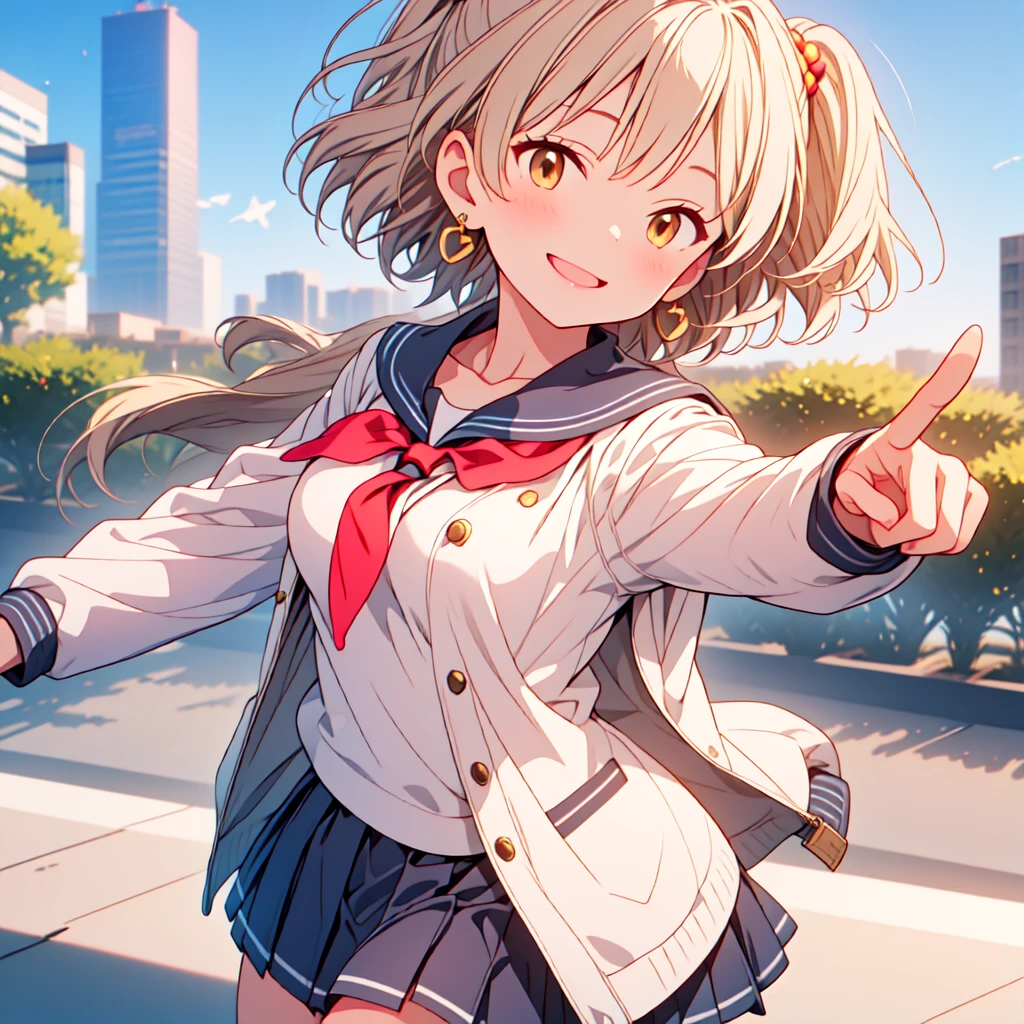 masterpiece, Best Quality, High resolution, Himza, short hair, Antenna Hair, Brown eyes, School uniform, Blue tie, Black jacket, open jacket, Long sleeve, Black Skirt, rooftop, Standing, smile, Outstretched arms, city, blue sky,Sailor collar jacket,White jacket,Gold piping,Left hand is peace sign,Shiny Earrings,Lip gloss