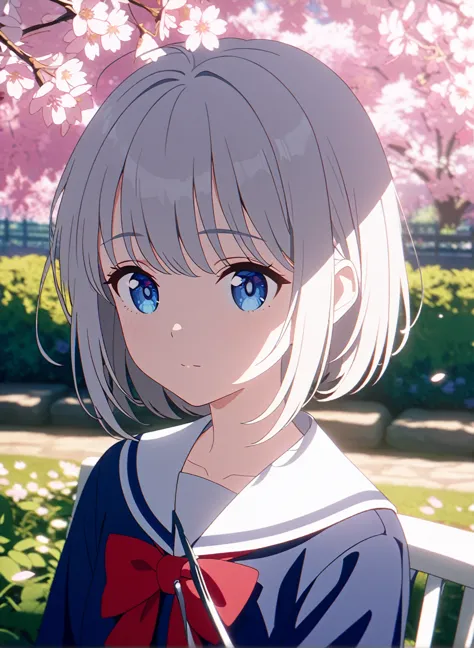 1girl, solo , navy blue school outfit , upper body , grey hair , blue eyes , beautiful eyes , eyes detail , red bow , sitting , ...