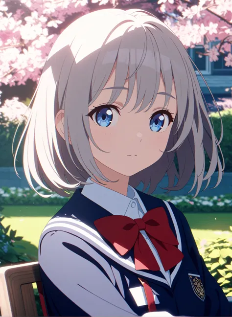 1girl, solo , navy blue school outfit , upper body , grey hair , blue eyes , beautiful eyes , eyes detail , red bow , sitting , ...