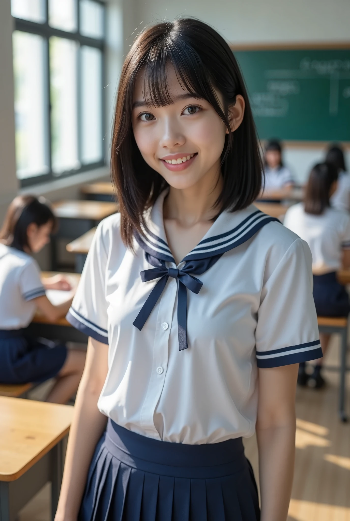 (masterpiece, best quality), 1girl, Alone, ,View your viewers, Young Japanese Woman, yo, Beauty, Shiny black hair、With bangs、Medium Hair, (White shirt, Sailor school uniform, Navy blue pleated skirt), smile, In the school classroom, Real Photo