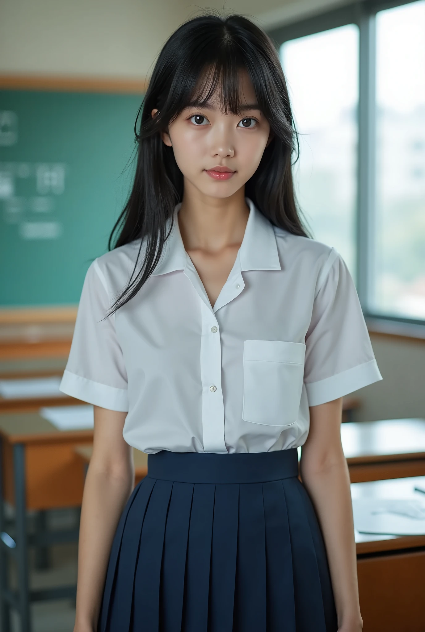 (masterpiece, best quality), 1girl, Alone, ,View your viewers, Young Japanese Woman, yo, Beauty, Shiny black hair、With bangs、Medium Hair, (White shirt, Sailor school uniform, Navy blue pleated skirt), whole body,　 In the school classroom, Real Photo