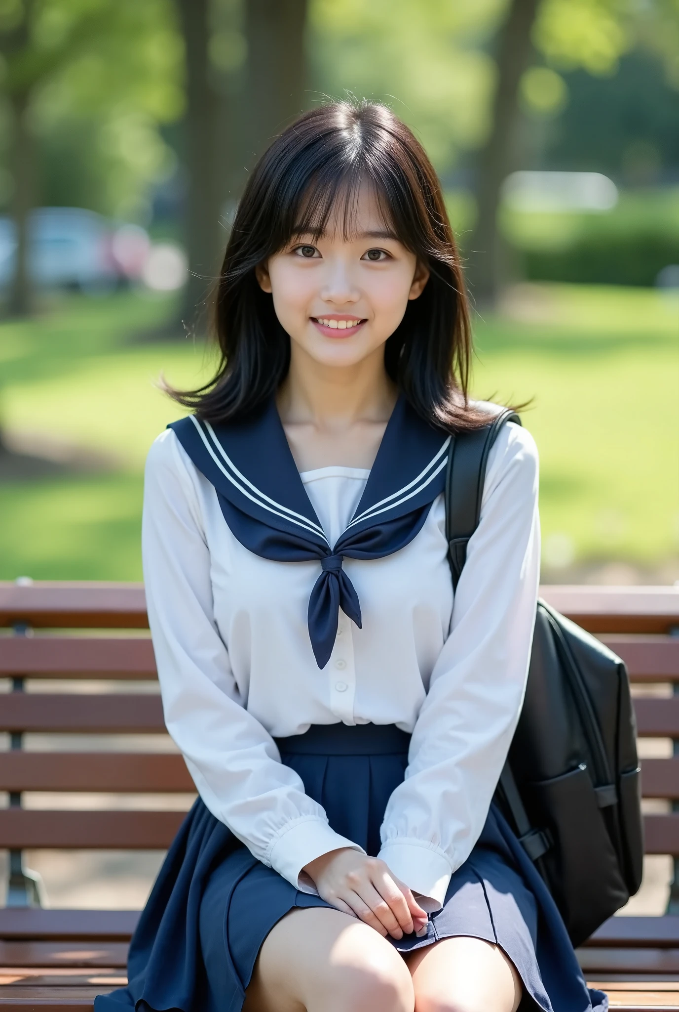 (masterpiece, Best Quality), One girl, Alone, ,View Theyur viewers, Young Japanese Woman, They, Beauty, Shiny black hair、With bangs、Medium Hair, (White shirt, Sailor School Uniform, Navy blue pleated skirt), smile, Sitting on a beautiful park bench, Carry a backpack to school, Actual photo