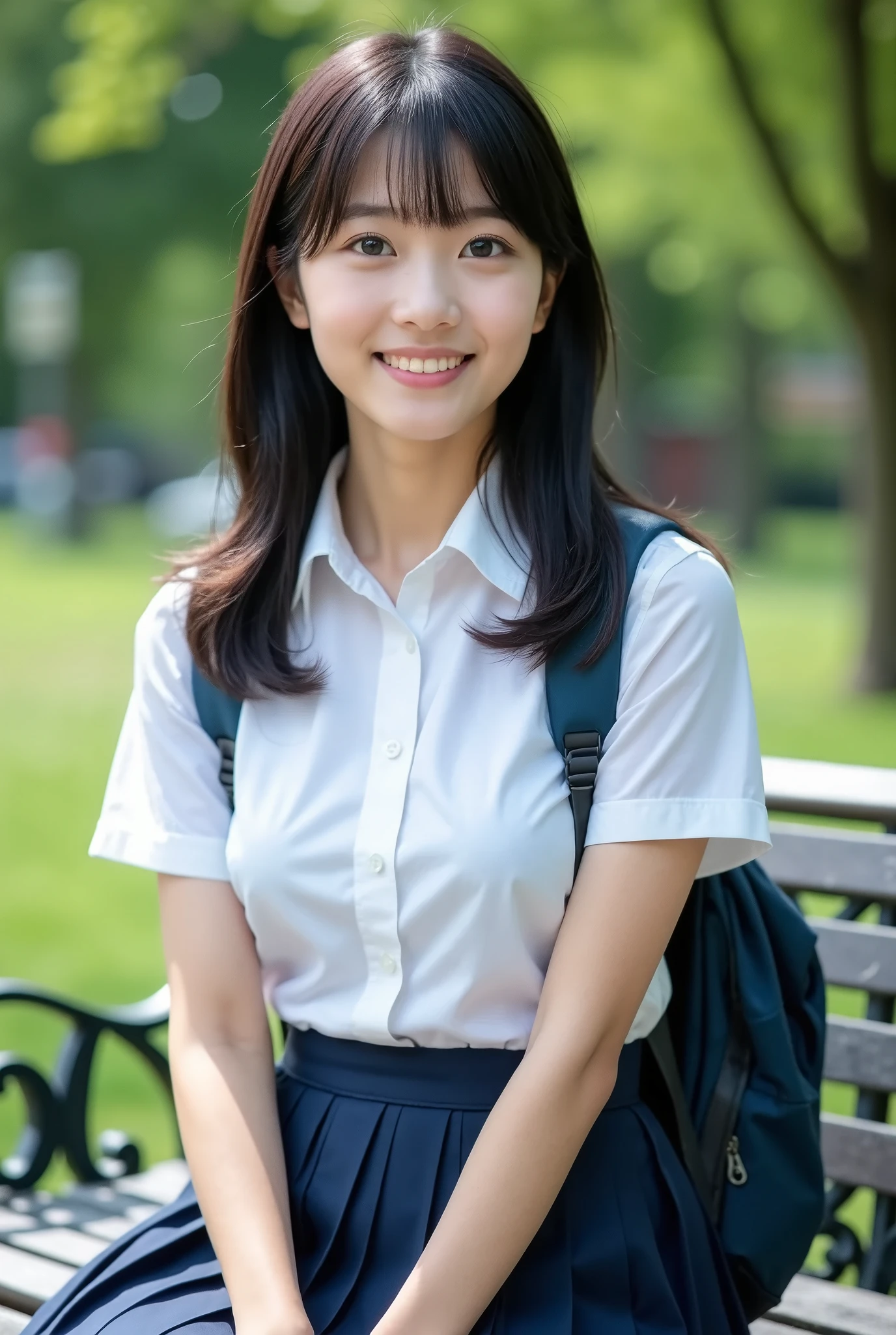 (masterpiece, Best Quality), One girl, Alone, ,View Theyur viewers, Young Japanese Woman, They, Beauty, Shiny black hair、With bangs、Medium Hair, (White shirt, Sailor School Uniform, Navy blue pleated skirt), smile, Sitting on a beautiful park bench, Carry a backpack to school, Actual photo