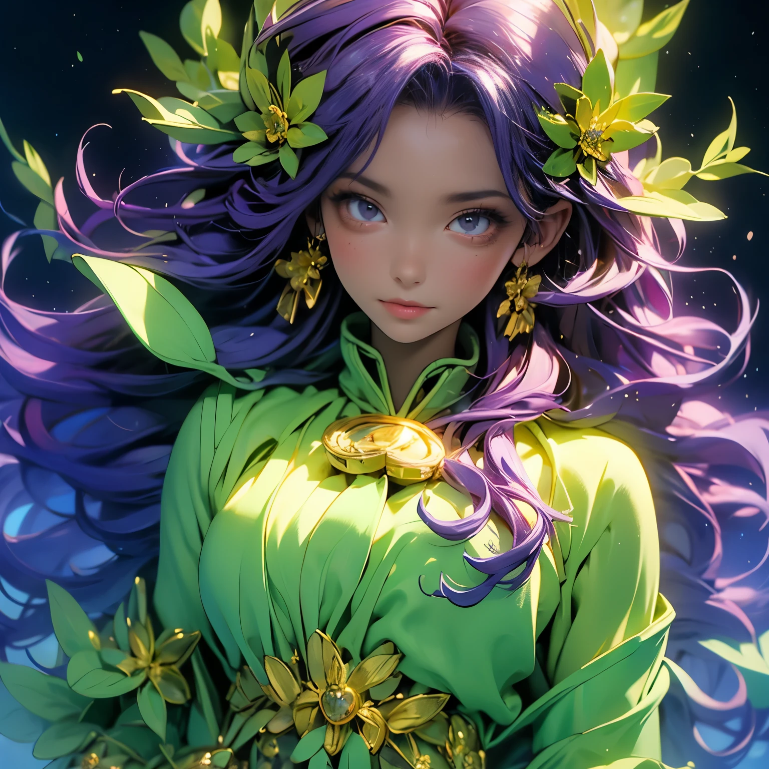 masterpiece), best quality, 1girl, expressive eyes, perfect face, (purple hair), perfect anatomy, full body viewer, 4k, HDR, full HD, solo, A girl wears a heavenly nature goddess outfit, composed of an emerald green and gold dress, with light fabrics that look like leaves moving gently. Her dress is adorned with details of golden vines and flowers that magically bloom around her. She wears a crown of branches and flowers in her loose, wavy hair. Their sandals seem to be made of roots that connect with the earth, and their presence radiates the purity and serenity of forests and nature.