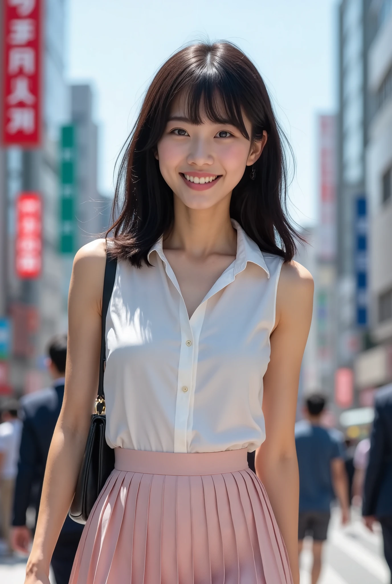 (masterpiece, best quality), 1girl, Alone, ,View your viewers, Young Japanese Woman,  Beauty, Shiny black hair、With bangs、Medium Hair, (white sleeveless shirt, Pale pink pleated skirt), smile, Walking the streets of Shibuya, Tokyo,Shoulder bags, Real Photo