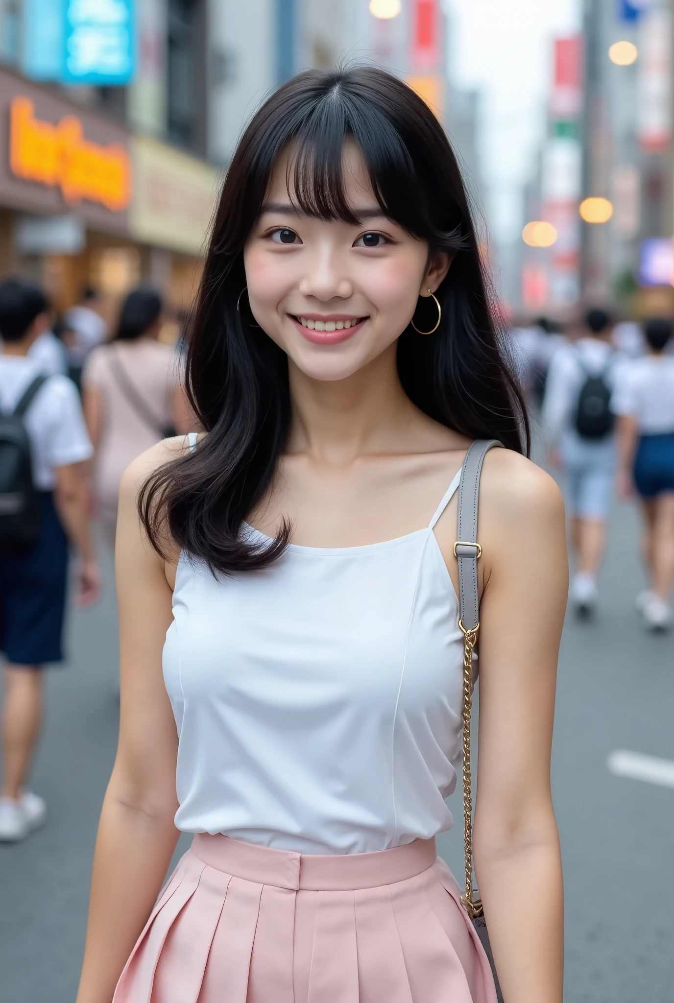 (masterpiece, best quality), 1girl, solo, View viewers, Young Japanese woman, Beautiful woman, Super cute face like an idol, Big eyes with double eyelids, Shiny black hair, Bangs, Medium straight hair, (White sleeveless shirt, Light pink pleated skirt), Smiling face, Walking in the fashionable streets of Shibuya, Tokyo, Shoulder bag, Real photo,